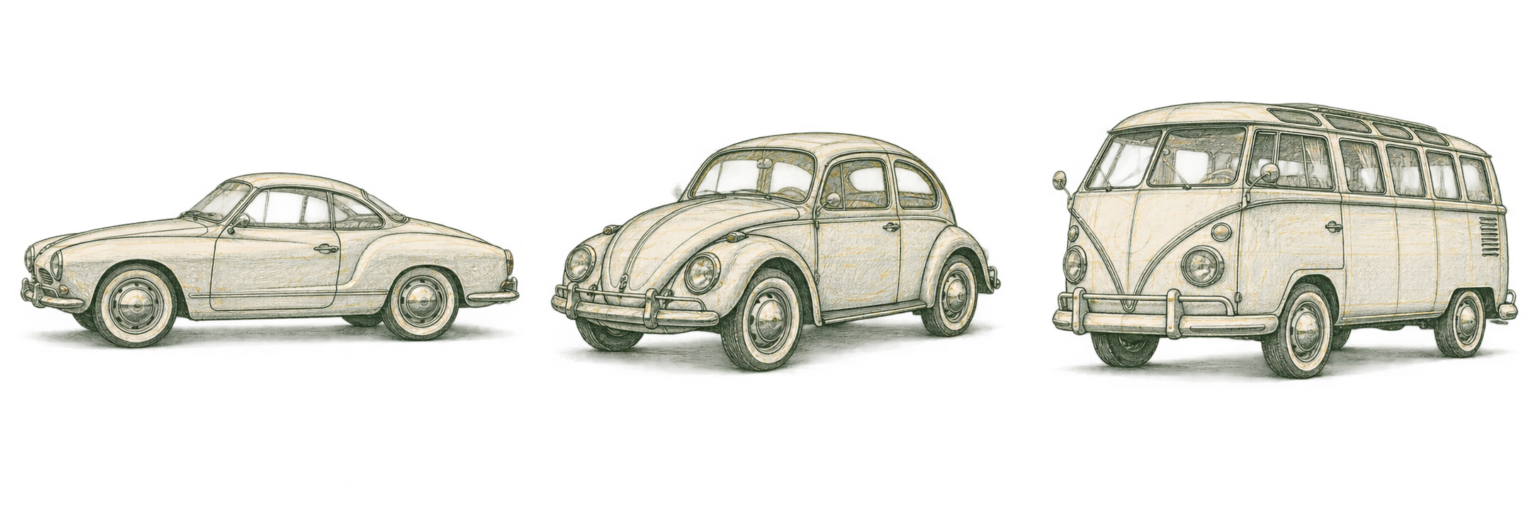 Ilustración retro de un Karmann Ghia, un Escarabajo y una Volkswagen T1