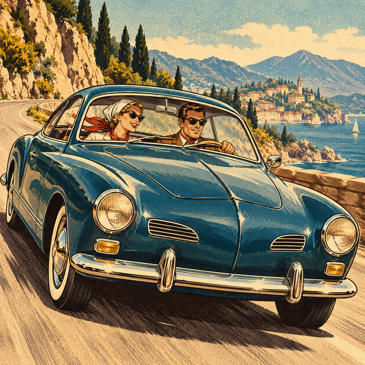 Volkswagen Karmann Ghia clásico circulando por una carretera costera