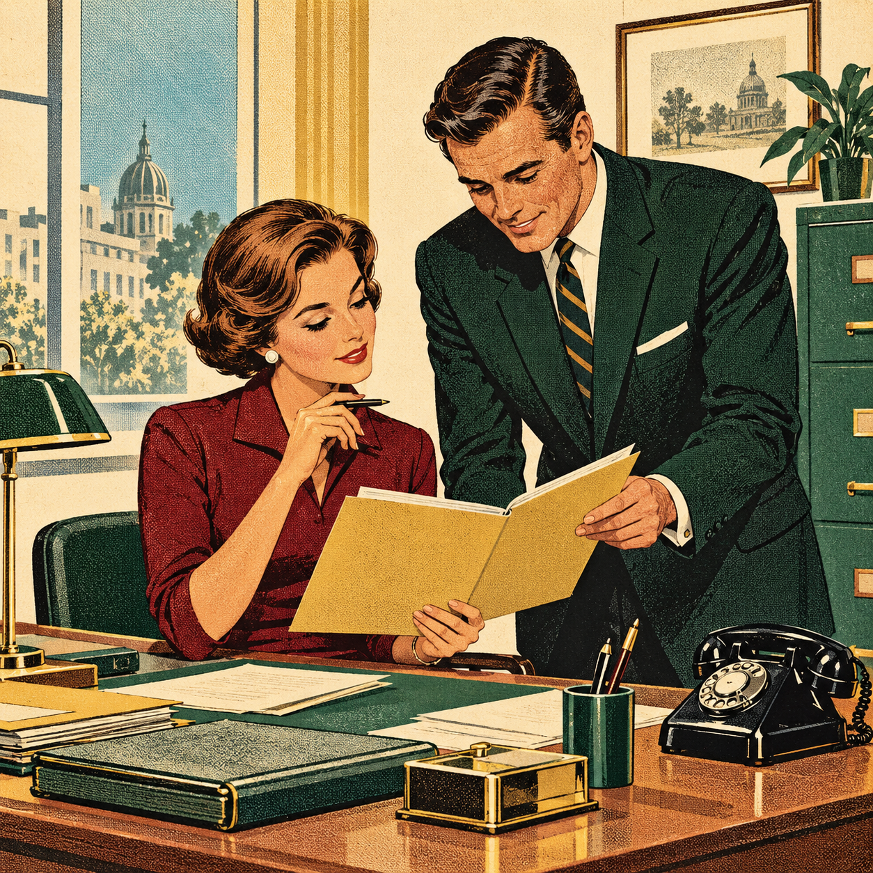 Profesionales en una oficina de los años cincuenta