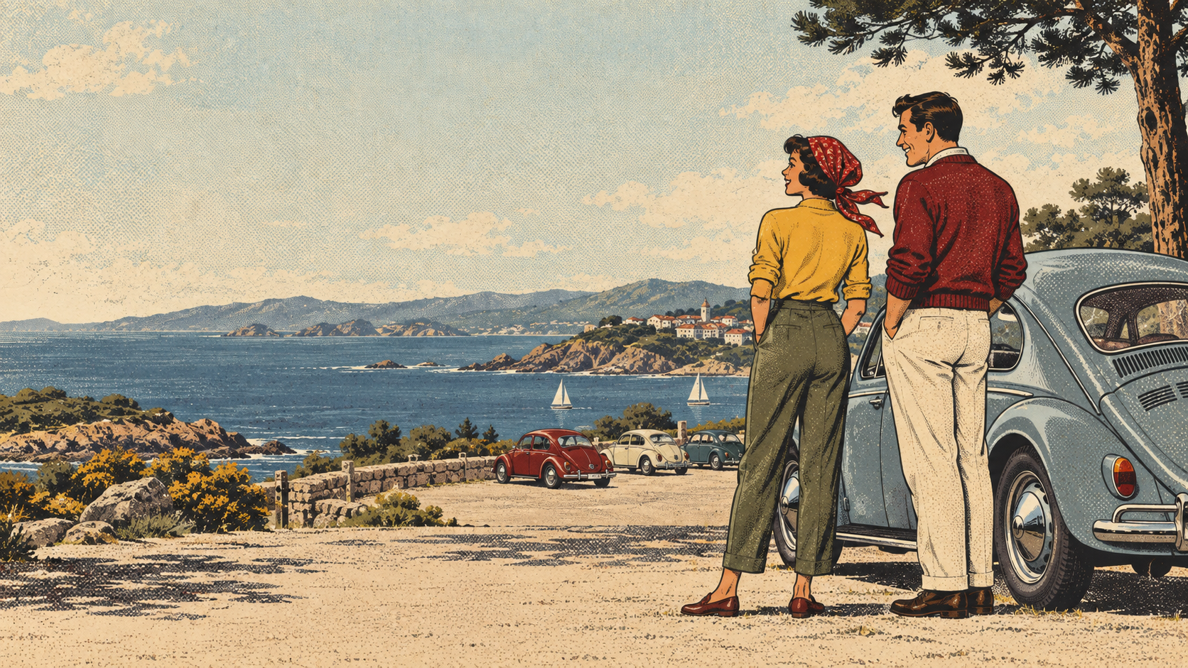 Pareja junto a un Volkswagen Escarabajo en un paisaje costero gallego, ilustración retro