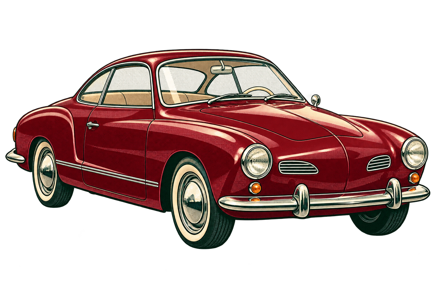 Volkswagen Karmann Ghia clásico ilustrado al estilo de los años cincuenta y sesenta
